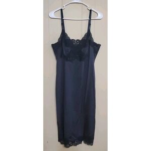 Vintage Shadowline Full Slip Size 40 X 26"L Silky Black Nylon Lace Trim Gothic